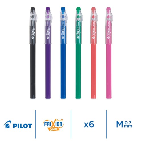 Pilot FriXion Ball Stick Medium Line Colour Pens 6pk Wallet - Assorted