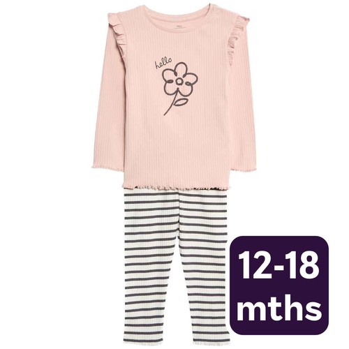 M&S Flower Top & Bottom Outfit, 12-18 Months, Cream