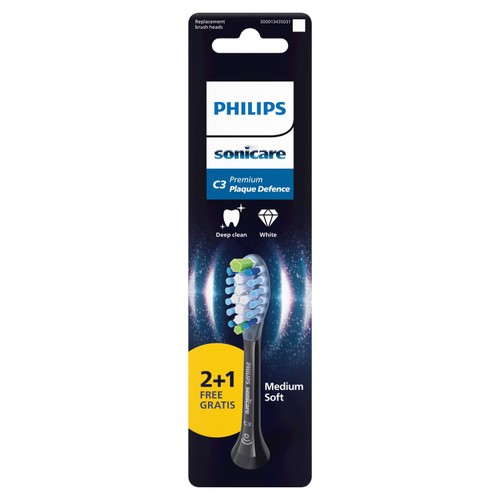 Philips Sonicare C3 Premium Plaque Defence Brush Head, Black, 2+1 Pack
