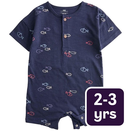 M&S Boys Pure Cotton Jersey Navy Fish Romper '2-3 Years Navy