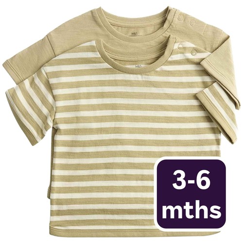 M&S Boys 2 Pack Pure Cotton Stripe T-Shirts, 3-6 Months, Khaki