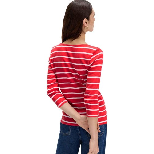 M&S Womens Pure Cotton Striped Slash Neck Slim Fit Top, Size 16, Red Mix