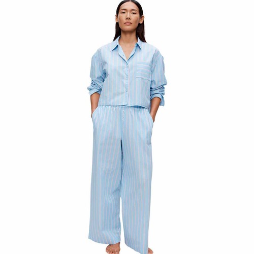 M&S Womens Pure Cotton Striped Wide Leg Pyjama Bottoms, 14, Blue