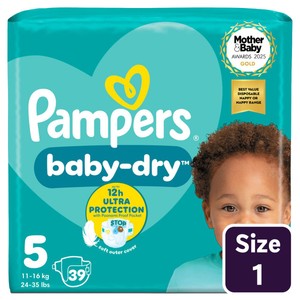 Pampers Baby-Dry Nappies, Size 5 (11-16kg) Essential Pack