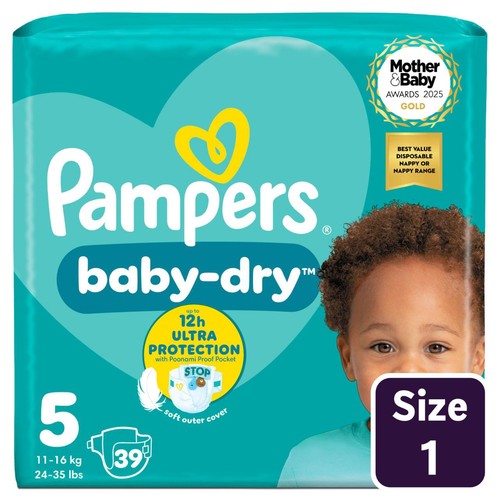 Pampers Baby-Dry Nappies, Size 5 (11-16kg) Essential Pack