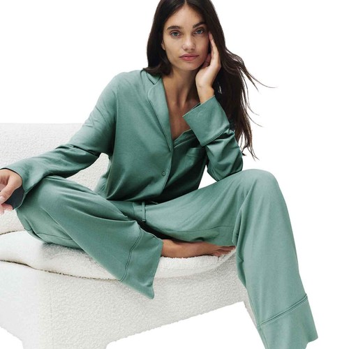 M&S Womens Cotton Modal Revere Pyjama Set, XS, Green
