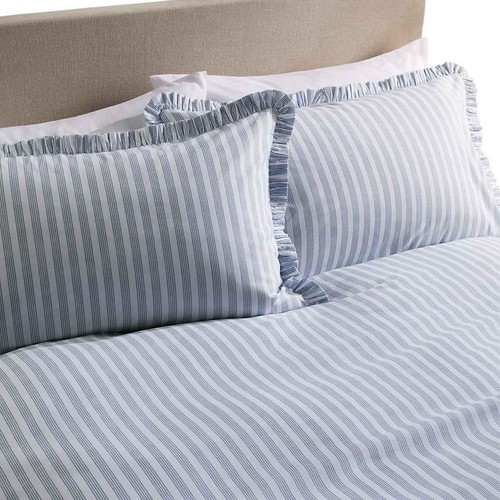 M&S Pure Cotton Striped Ruffle Bedding Set, Single, Blue Mix