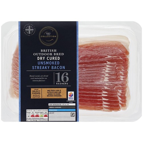 M&S British Outdoor Bred 16 Dry Cured Unsmoked Streaky Bacon Dry Cured