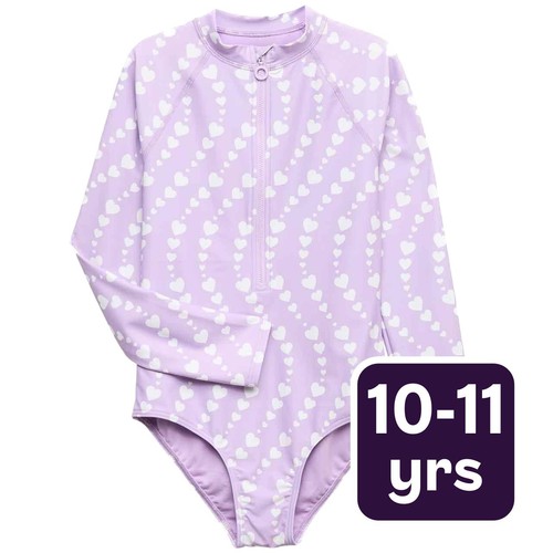 M&S Heart Print Long Sleeve Swimsuit, 10-11 Years, Purple