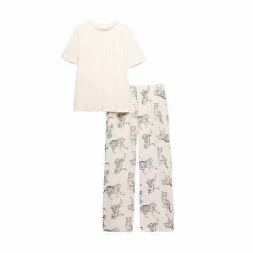 M&S Womens Pure Cotton Printed Pyjama Set, Medium, Ivory
