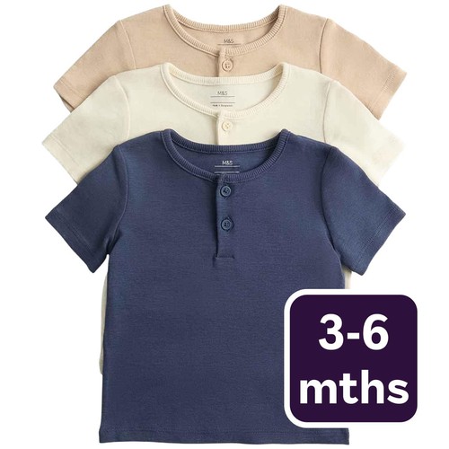 M&S Boys Short Sleeve Henley Tops, 3-6 Months, Navy