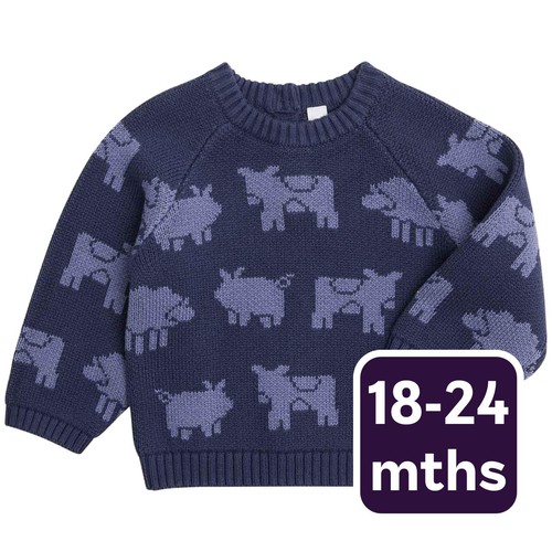M&S Boys Pure Cotton Cow Motif Knitted Jumper, 18-24 Months, Navy