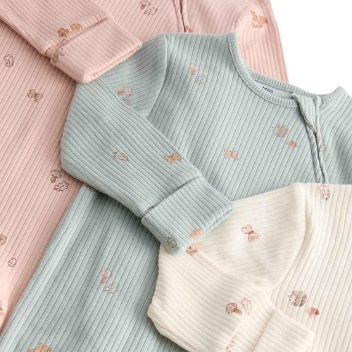 M&S Girls Cotton Rich Woodland Print Sleepsuits, 6-9 M, Ivory