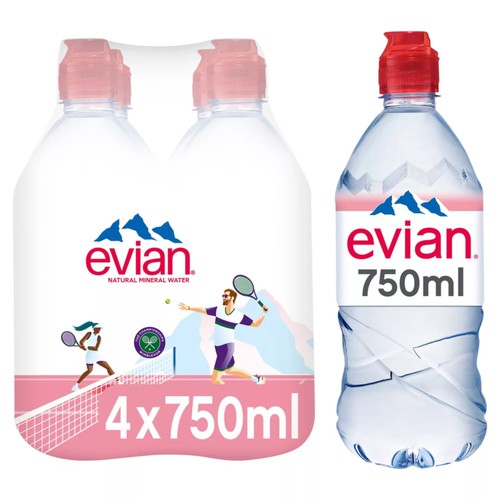 Evian Still Natural Mineral Spring Bottled Water with Sports Cap Multipack