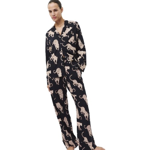 M&S Womens Cotton Printed Revere Pyjama Set, Navy, Medium
