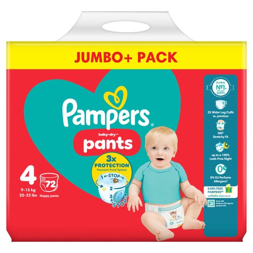 Pampers Baby-Dry Nappy Pants, Size 4 (9-15kg) Jumbo+ Pack