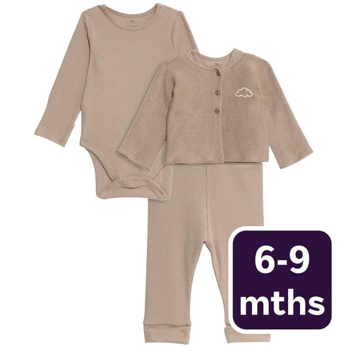 M&S 3 piece Cotton Rich Outfit, 6-9 months, Brown