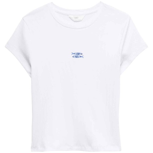 M&S Womens Cotton Modal Ribbed Pyjama T-Shirt, Large, Blue Mix