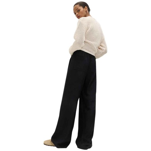 M&S Womens Drawstring Wide Leg Trousers with Linen, Size 14, Regular, Black