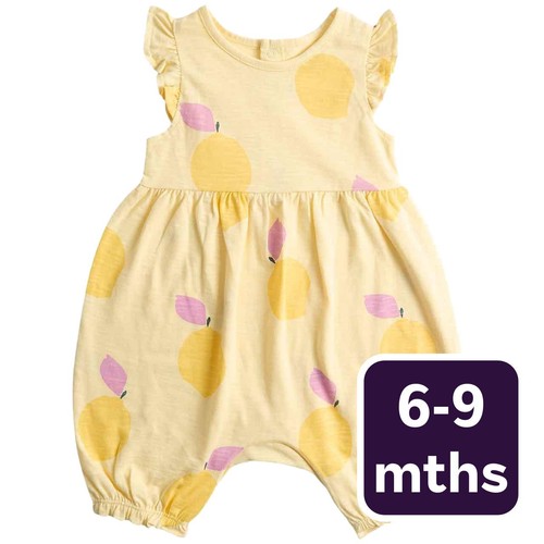 M&S Girls, Lemon Print Romper,  6-9 Months, Yellow