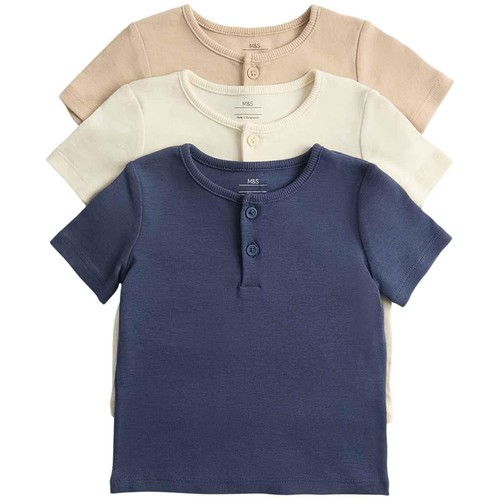 M&S Boys Short Sleeve Henley Tops, 0-3 Months, Navy