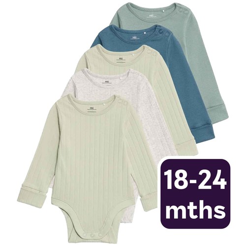 M&S Boys Cotton-Rich Rib Long Sleeve Bodysuits 18-24 Months Green Mix