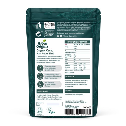 Green Origins Organic Cacao Plant Protein Powder
