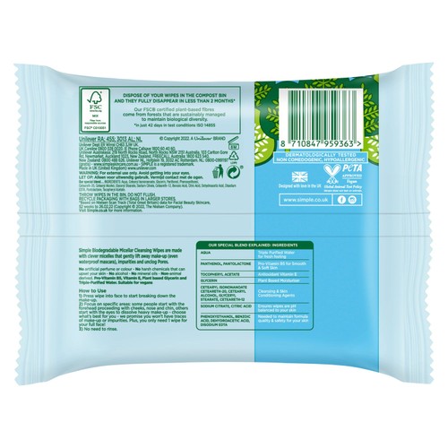 Simple Kind to Skin Micellar Biodegradable Cleansing Wipes