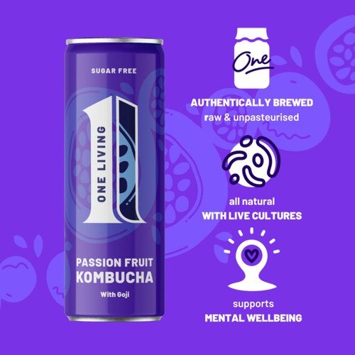 One Living Passionfruit Sugar Free Kombucha 4x250ml