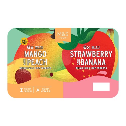 M&S 6 x Mango & Peach & 6 x Strawberry & Banana Whole Milk Live Yogurts