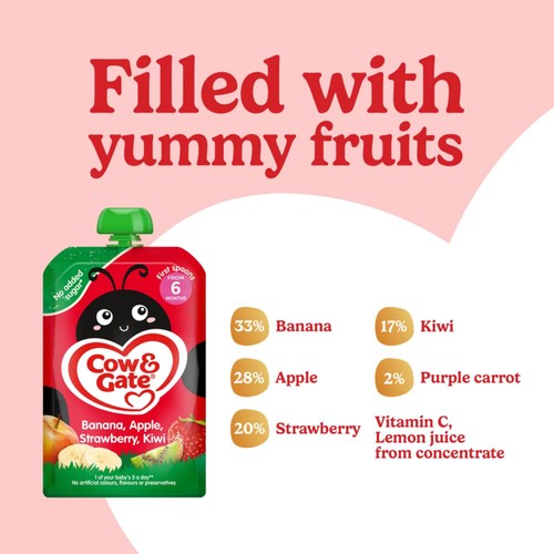 Cow & Gate Fruit Banana Apple Strawberry & Kiwi Baby Pouch 6+ Months