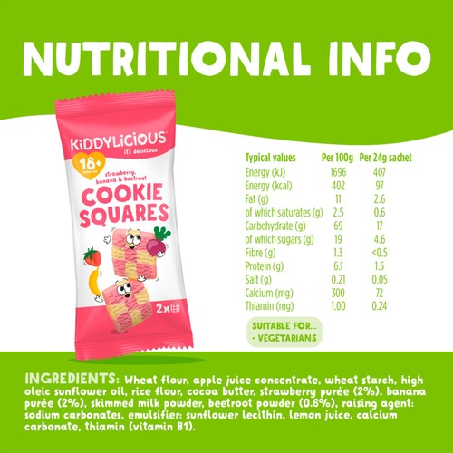 Kiddylicious Strawberry, Banana & Beetroot Cookie Squares Baby Snacks 18m+