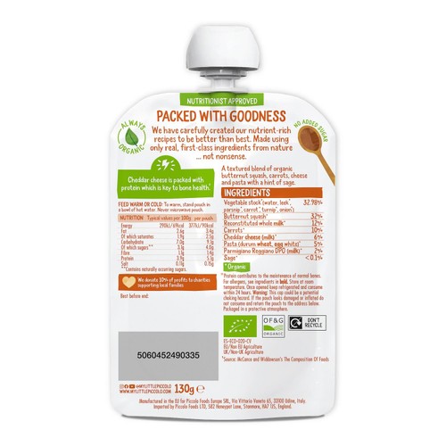 Piccolo Butternut Squash Organic Mac & Cheese Pouch, 7 mths+