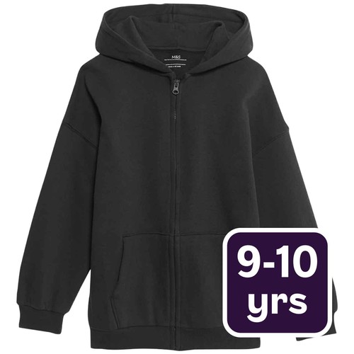 M&S Unisex Cotton Rich Plain Hoodie, 9-10 Years, Black