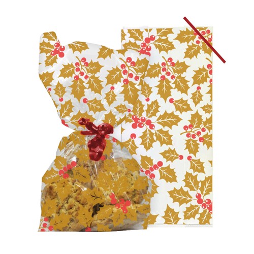 Festive Holly Cello Bags with twist Ties