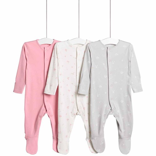 M&S Floral Popper Footed Sleepsuits, 12-18 Months, Pink