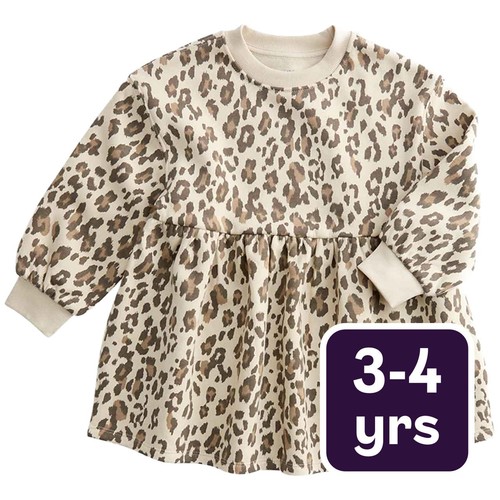 M&S Girls Leopard Print Sweat Dress, 3-4 Y, Neutral