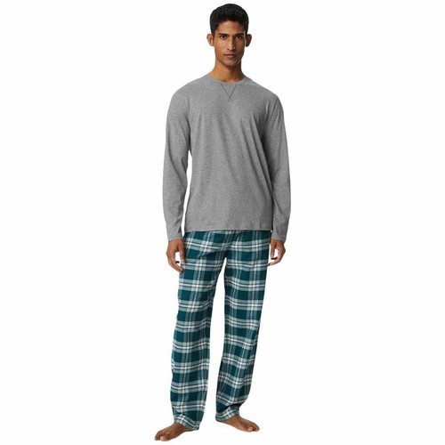 M&S Mens Brushed Cotton Checked Pyjama Set, 2XL, Grey Mix