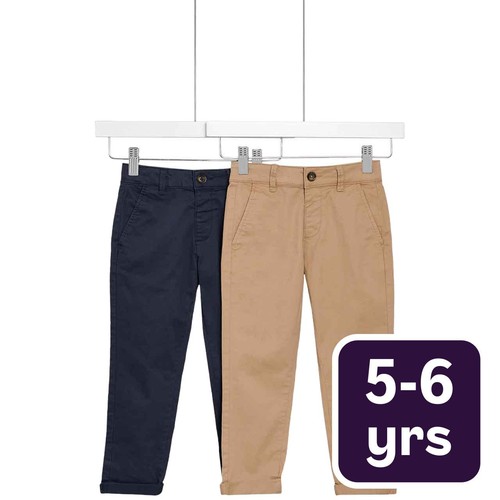 M&S Boys 2pk Cotton Rich Chinos, 5-6 Years Stone/Navy