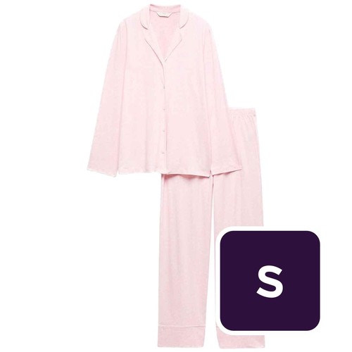 M&S Womens Soft Touch Printed Revere Pyjama Set, Small, Pink Mix