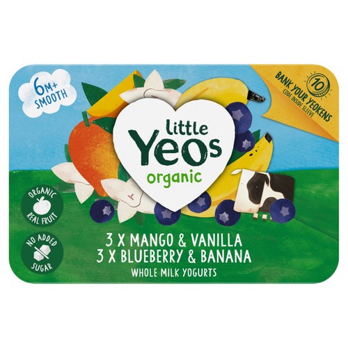 Yeo Valley Little Yeos No Added Sugar Mango & Vanilla, Blueberry & Banana, 6 x 42g Yeo Valley Little Yeos No Added Sugar Mango & Vanilla, Blueberry & Banana, 6 x 42g