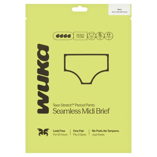 WUKA Teen Stretch Period Pants, Midi Brief, Heavy Flow, Age 8-12