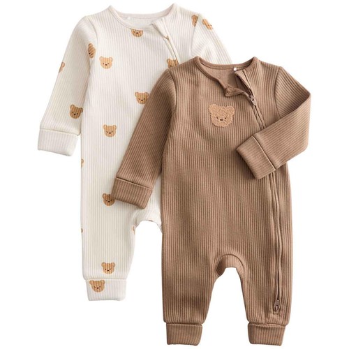 M&S Cotton Blend Bear Cosy Rib Sleepsuits, 6-9 Months, Brown