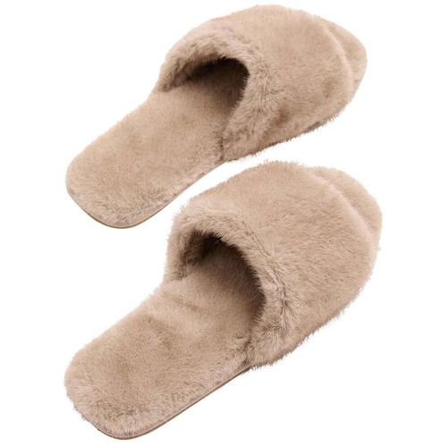 M&S Faux Fur Open Toe Slider Slippers, Size 3, Natural
