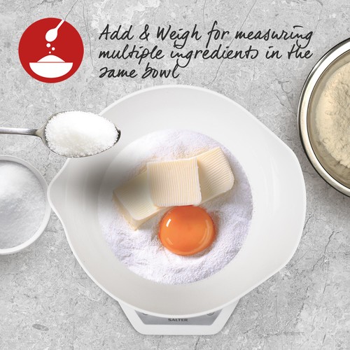 Salter Digital Kitchen Scales with Dual Pour Mixing Bowl, White