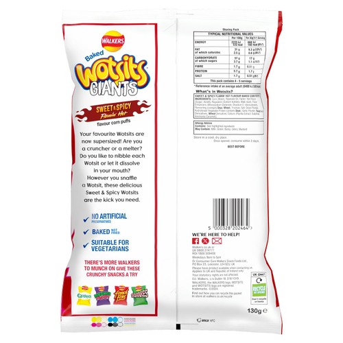 Walkers Wotsits Giants Sweet & Spicy Snacks Crisps 130g