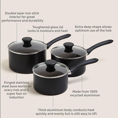 M&S Collection 3 Piece Black Aluminium Non Stick Pan Set 'One Size Black
