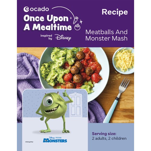 Disney's Pixar's Monsters Inc-themed Meatballs and Mash recipe card