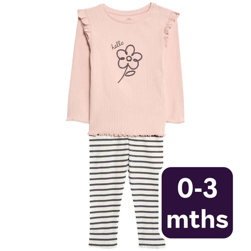M&S Flower Top & Bottom Outfit, 0-3 Months, Cream