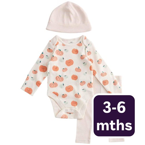 M&S Halloween Pumpkin Bodysuit Outfit, 3-6 Months, Orange Mix